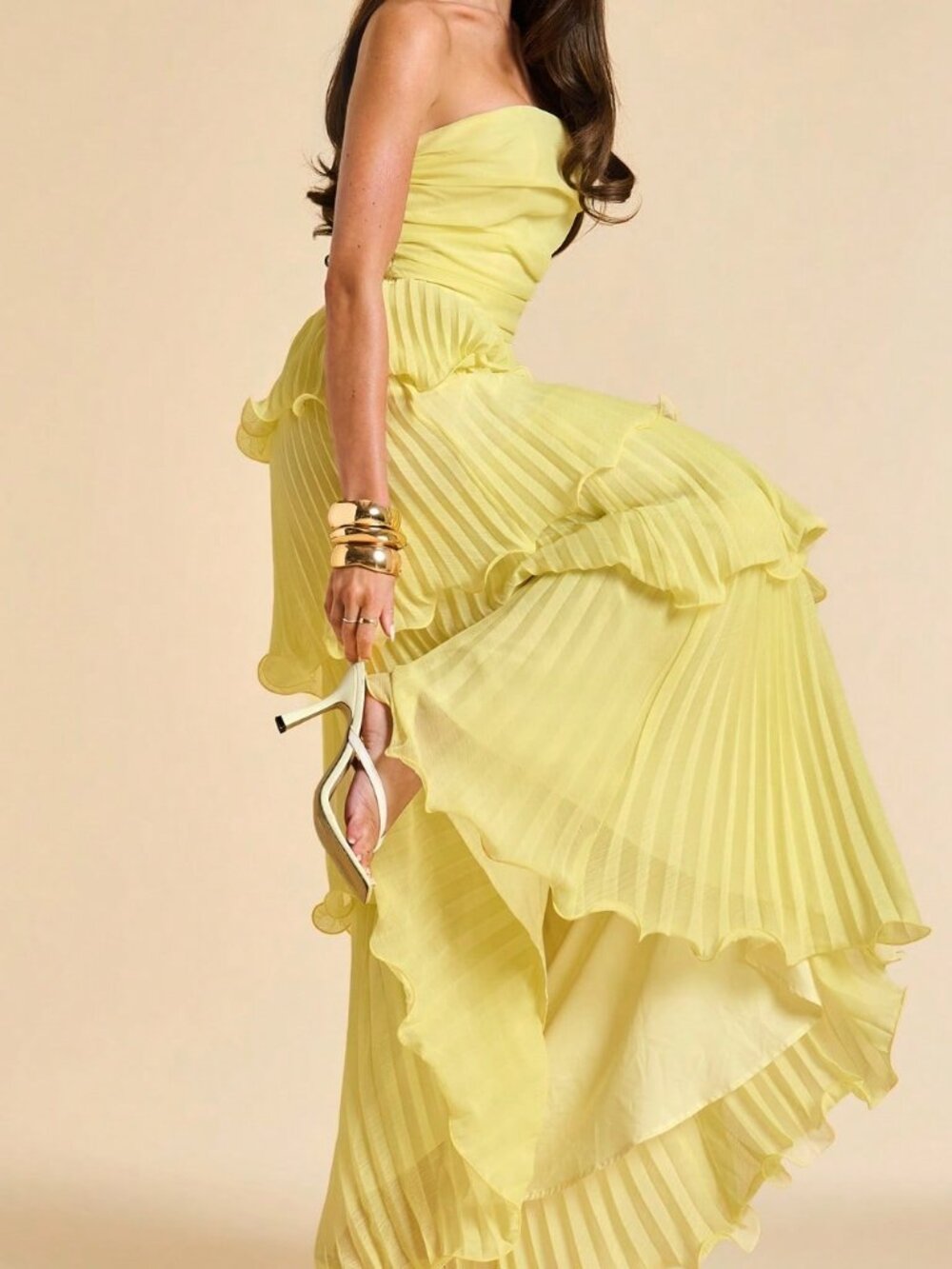 Yellow Elegant Ruffled Sleeveless A-Line Women's Dress